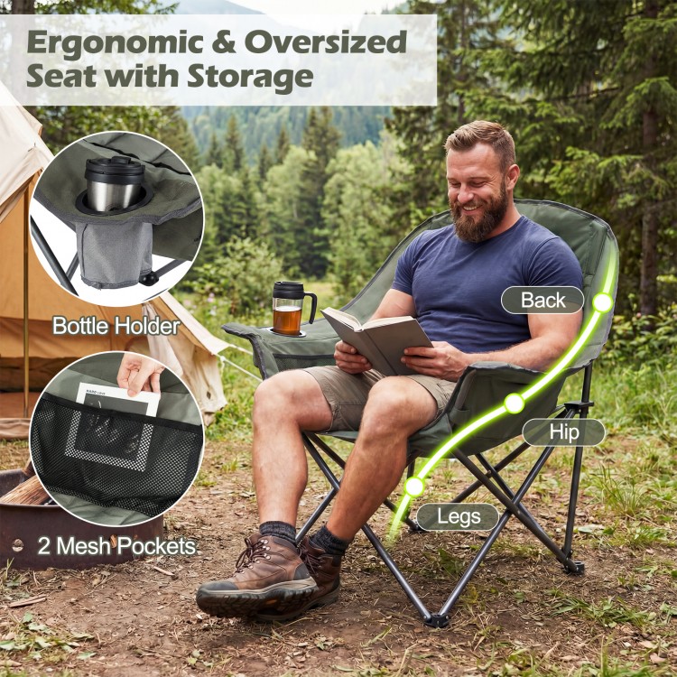 Oversized green camping chair with cup holder and mesh pockets, featuring ergonomic design for outdoor comfort.