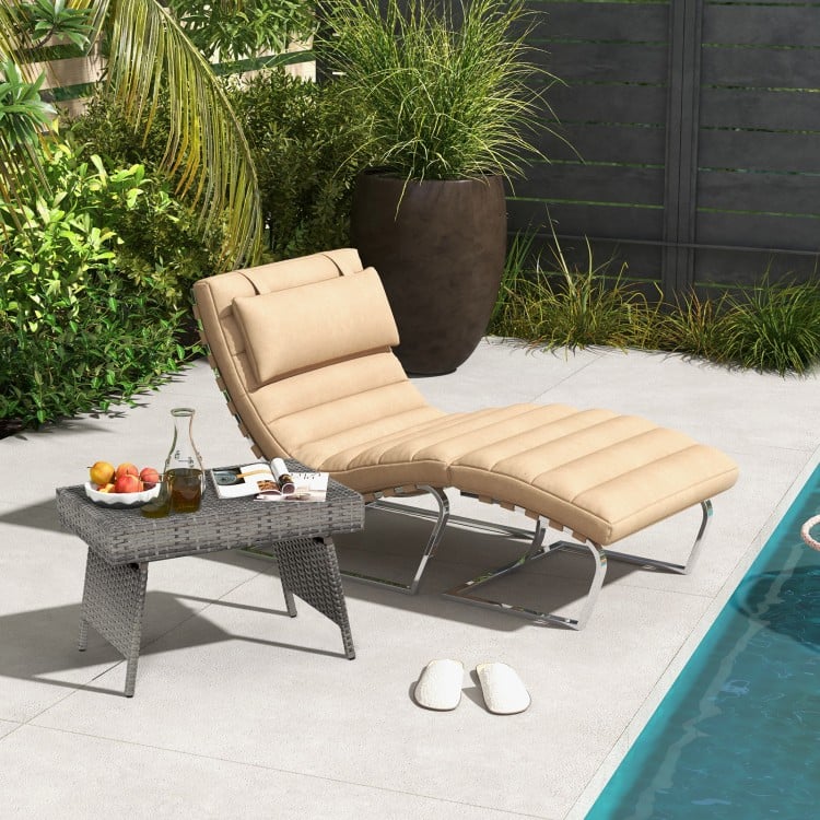 Folding gray PE rattan coffee table with wide top, perfect for outdoor use and easy storage in summer.