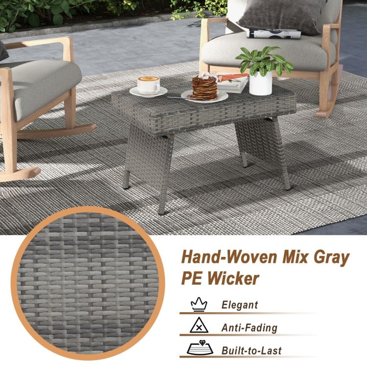 Folding gray PE rattan coffee table with wide top, perfect for outdoor use and easy storage in your patio garden.