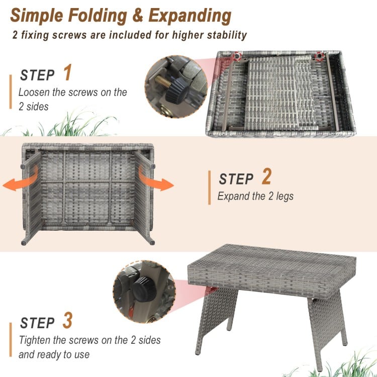 Folding PE rattan coffee table in gray, featuring a wide top for outdoor use, easy to store, and weather-resistant.