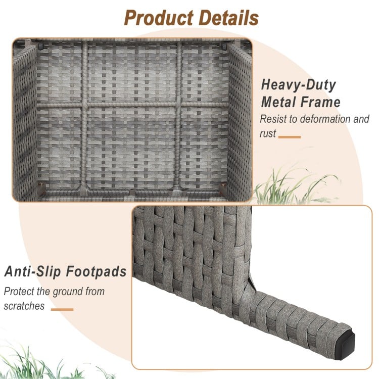Folding gray PE rattan coffee table with a wide top, designed for outdoor use and easy storage in summer.