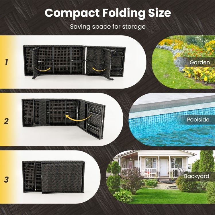 Folding padded rattan chaise lounge with adjustable backrest, compact folding size for easy storage and mobility.