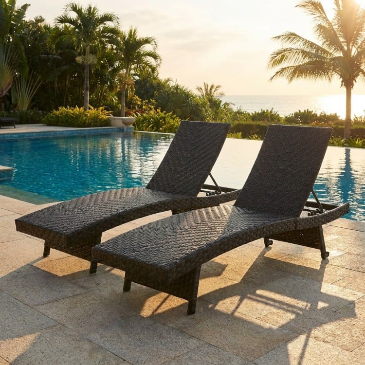 Folding padded rattan chaise lounge set of 2 with adjustable backrest, perfect for poolside relaxation and comfort.
