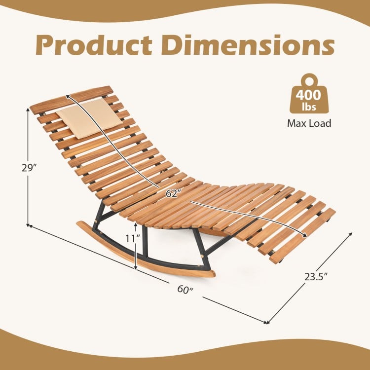 Folding patio lounge chair dimensions with solid eucalyptus wood frame, double-sided cushion, and 400 lbs max load.