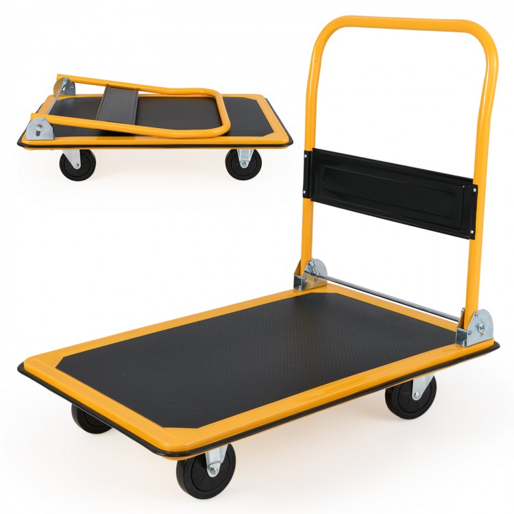 Folding platform cart dolly with black vinyl platform, foldable handle, and 660lbs capacity for easy transport and.