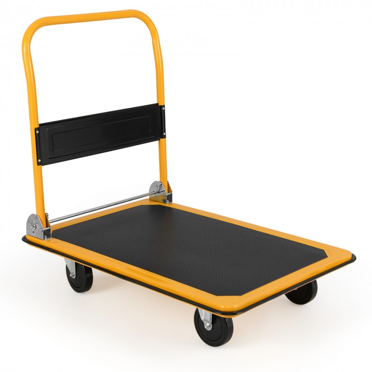 Folding platform cart dolly with black vinyl surface, 660lbs capacity, and foldable handle for easy storage.