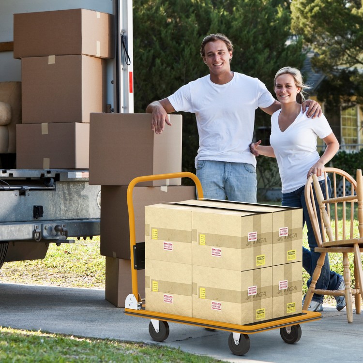 Folding platform cart dolly hand truck with black vinyl platform, loaded with boxes for easy transport and storage.