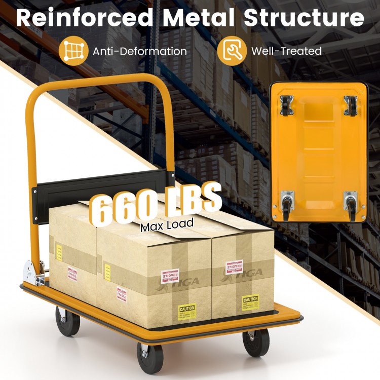 Folding platform cart dolly with black vinyl body, 660lbs max load, featuring swivel and regular wheels for easy.