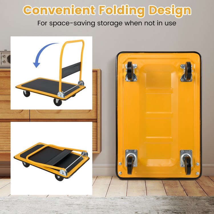 Folding platform cart dolly with a black vinyl platform, featuring a compact design for easy storage and 660lbs.