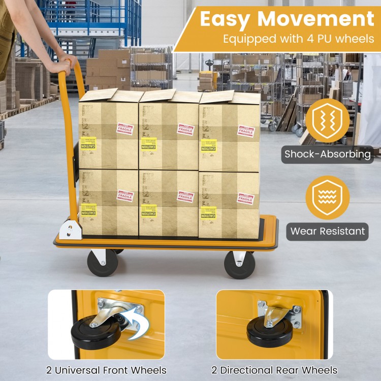 Folding platform cart dolly with black vinyl body, 4 wheels, and a maximum load of 660lbs for easy transport.