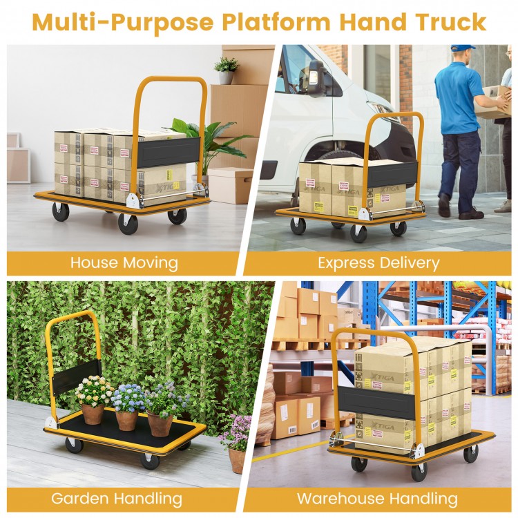 Folding platform cart dolly hand truck with black vinyl platform, ideal for house moving and warehouse handling.