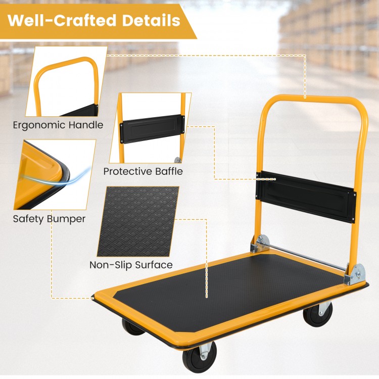 Folding platform cart dolly with ergonomic handle, black vinyl surface, and non-slip design for easy transport and.