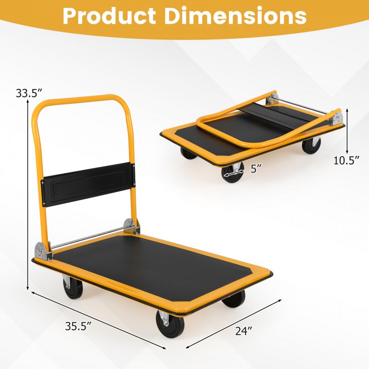 Folding platform cart dolly with black vinyl surface, measuring 35.5" x 24", designed for easy storage and heavy loads.