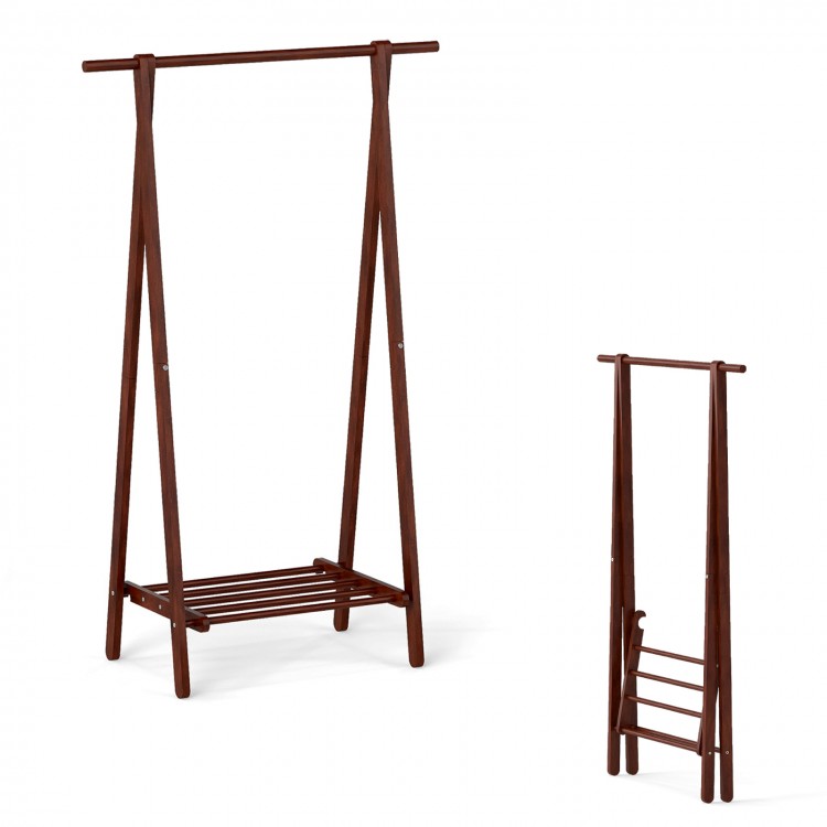 Folding rubber wood clothes hanging rack in walnut with bottom storage shelf, ideal for bedroom or hallway organization.