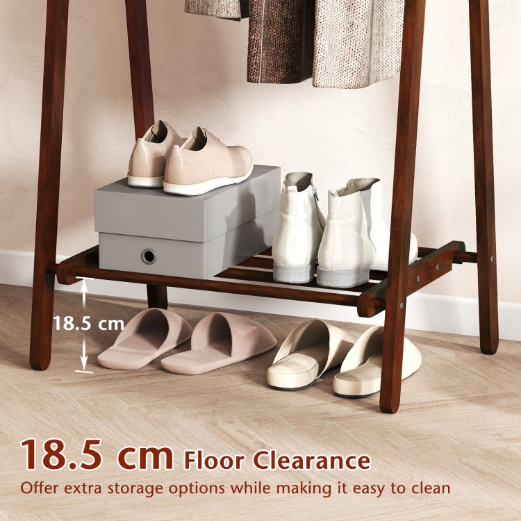 Folding rubber wood garment rack with bottom storage shelf, featuring 18.5 cm floor clearance for extra shoe storage.