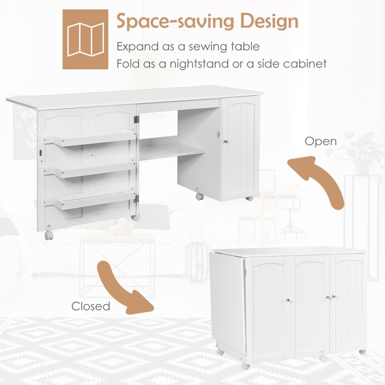 Folding sewing table with wheels, featuring three storage bins and an adjustable shelf, perfect for crafting and.