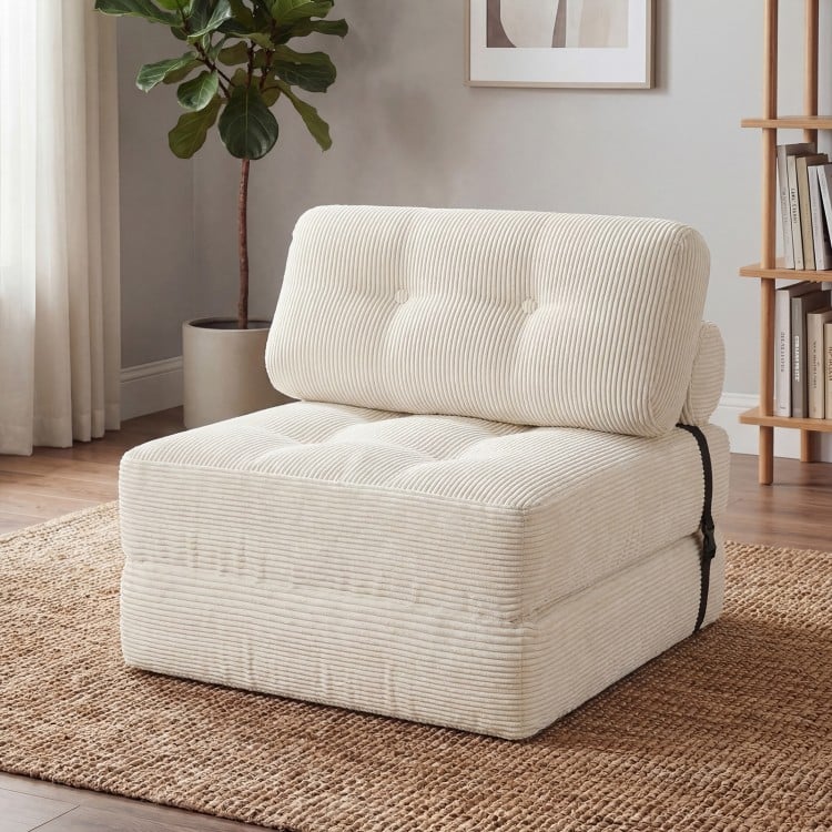 Folding sofa bed in beige corduroy with back support, perfect for living rooms and versatile use as a lounger or bed.