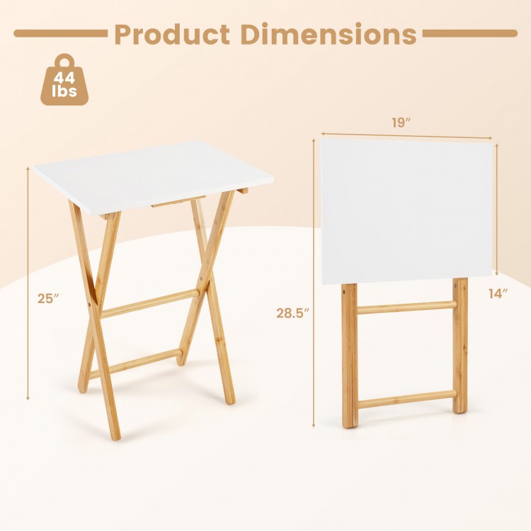 Folding TV tray table dimensions showing a white top and bamboo legs, ideal for small spaces in bedrooms or living.