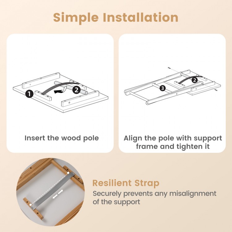 Folding TV tray table set installation steps showing bamboo structure and resilient strap for support alignment.