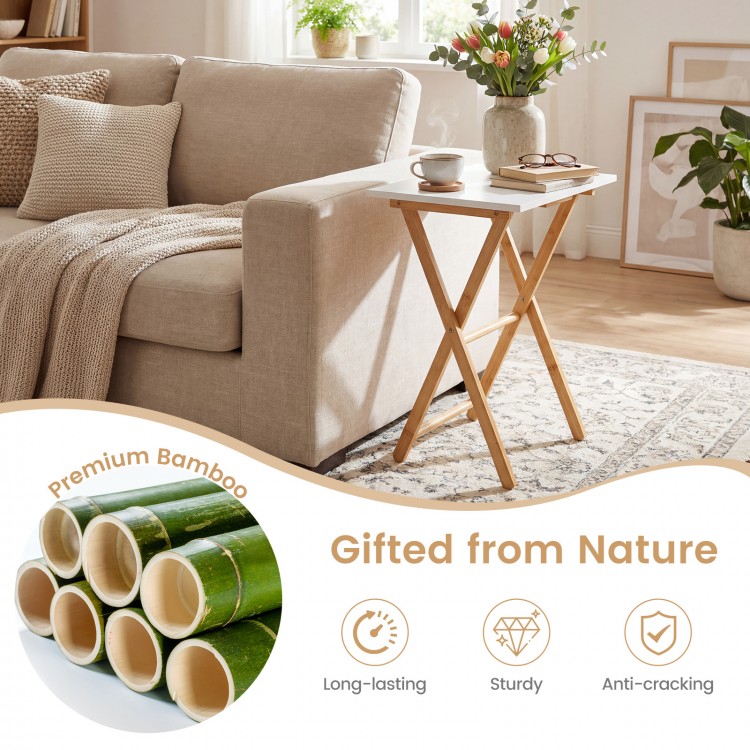 Folding TV tray table in white with premium bamboo, sturdy design, perfect for small spaces in living room or bedroom.