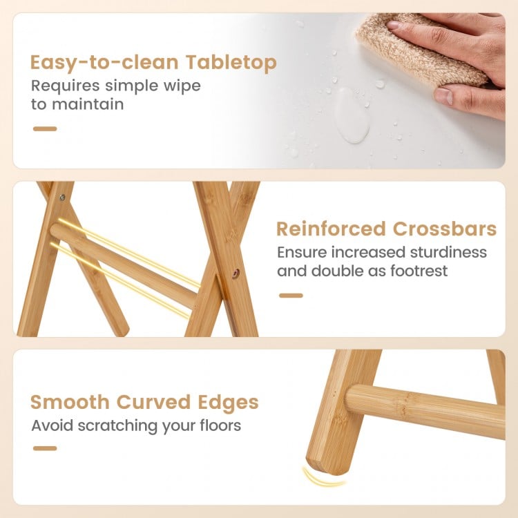 Folding TV tray table set of 2 in white, featuring easy-to-clean surface and reinforced crossbars for added sturdiness.
