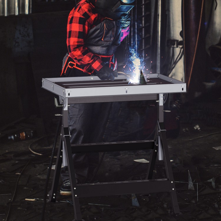 Folding welding table with 4-level height adjustment and 2 fixed wheels, ideal for efficient welding and tool.