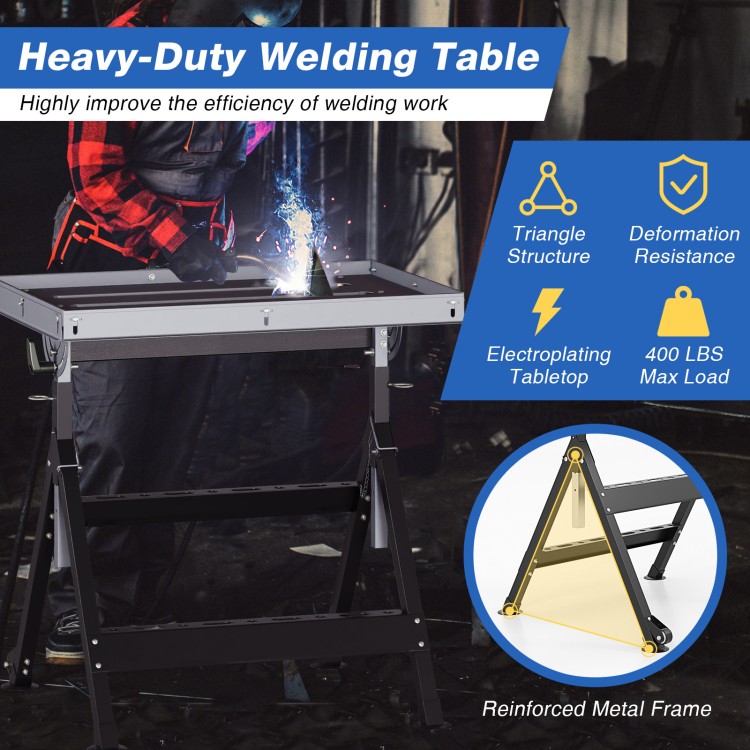Folding welding table with a black electroplated tabletop, 4-level height adjustment, and 2 fixed wheels for easy.