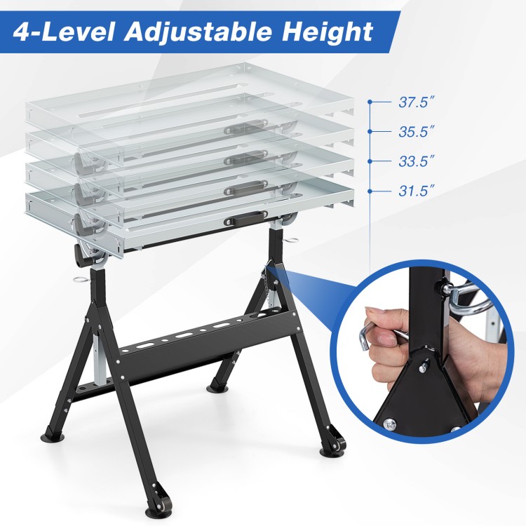Folding welding table with adjustable height and fixed wheels, featuring a tiltable tabletop for enhanced accuracy.