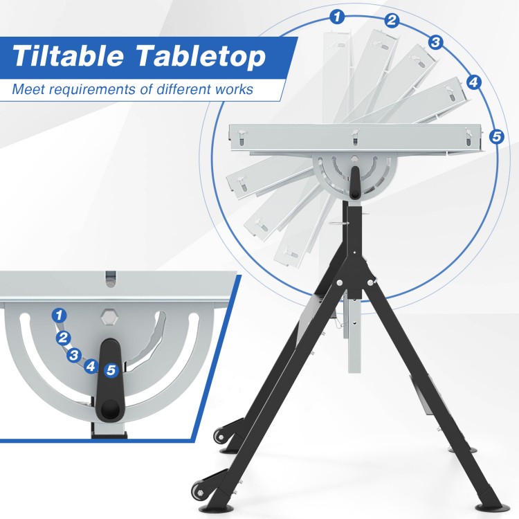 Folding welding table with a tiltable tabletop, 4-level height adjustment, and 2 fixed wheels for easy mobility.