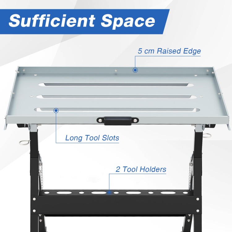 Folding welding table with a 5 cm raised edge, featuring long tool slots and two tool holders for organized workspace.