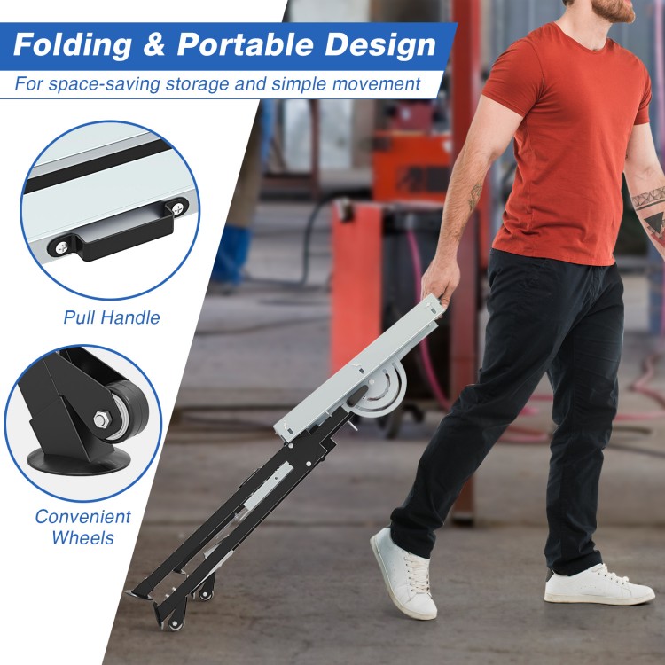 Folding welding table with pull handle and wheels, featuring 4-level height adjustment for versatile work efficiency.