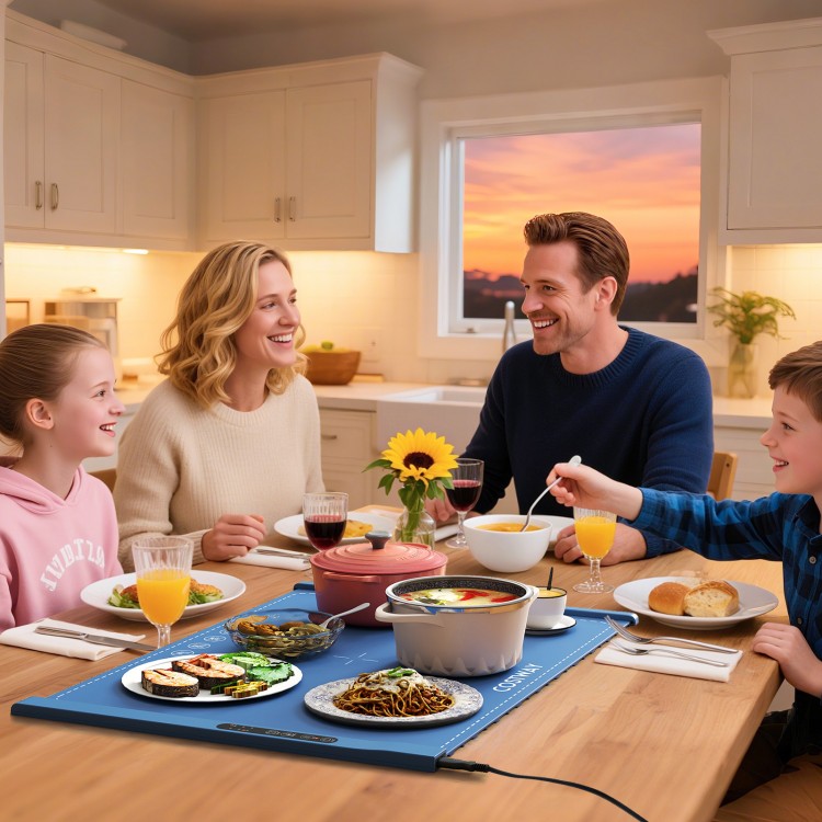 Rollable blue electric warming tray with food, perfect for parties and gatherings, ensuring even heating and safety.