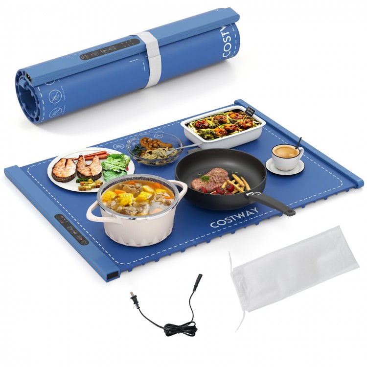 Portable blue electric warming tray with fast heating, full coverage, and rollable design for easy storage and use.