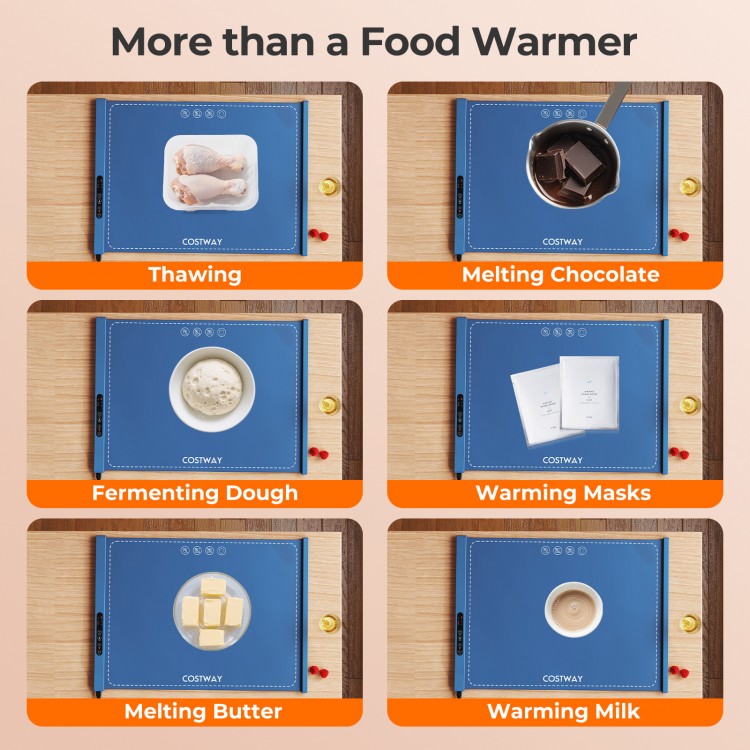 Rollable electric warming tray in blue, ideal for melting chocolate, butter, and warming food for parties and.