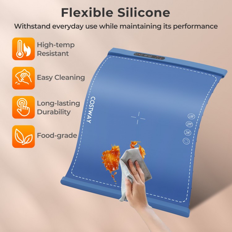 Flexible blue food warming mat with high-temp resistance, easy cleaning, and rollable design for convenient storage.
