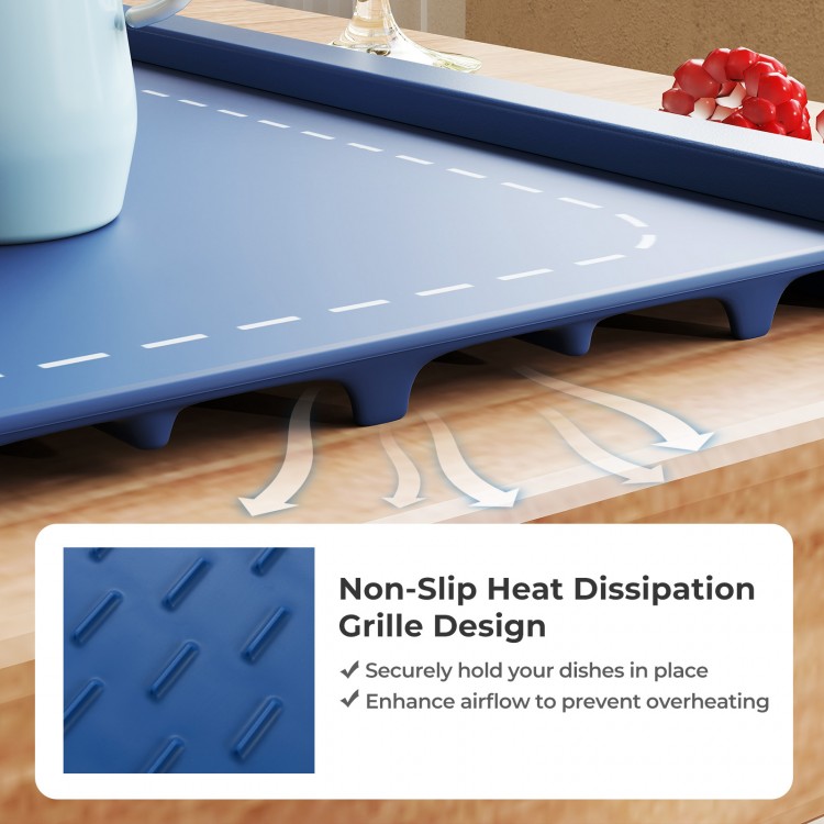 Non-slip heat dissipation grille design of the blue electric warming tray enhances airflow and securely holds dishes.