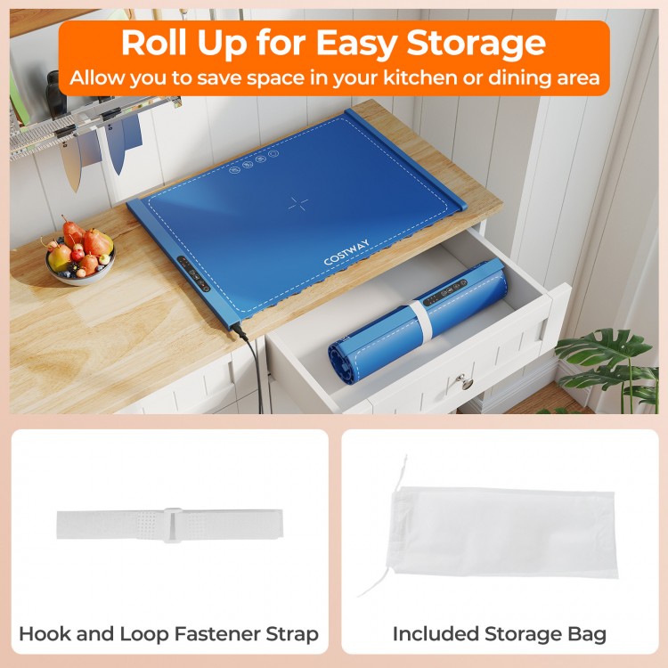 Blue rollable electric warming tray with fast heating, included storage bag, and hook-and-loop strap for easy storage.