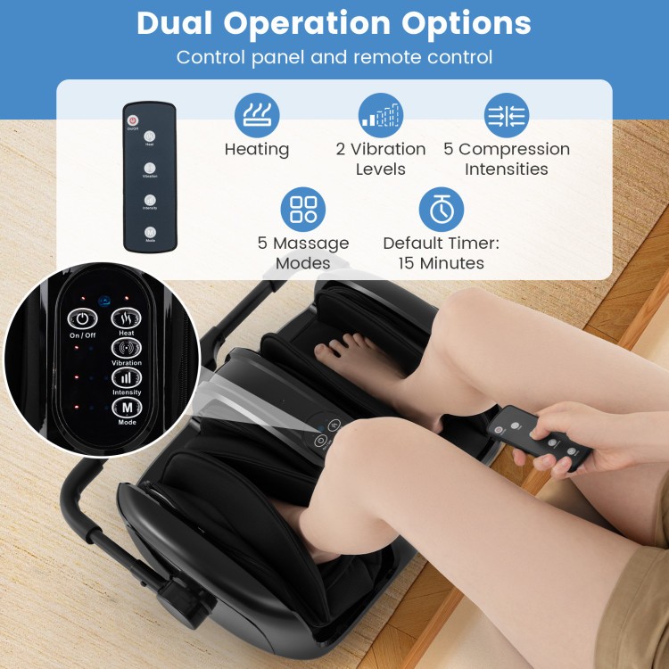 Foot and calf massager with heat function, remote control, and adjustable settings for targeted muscle relief and.
