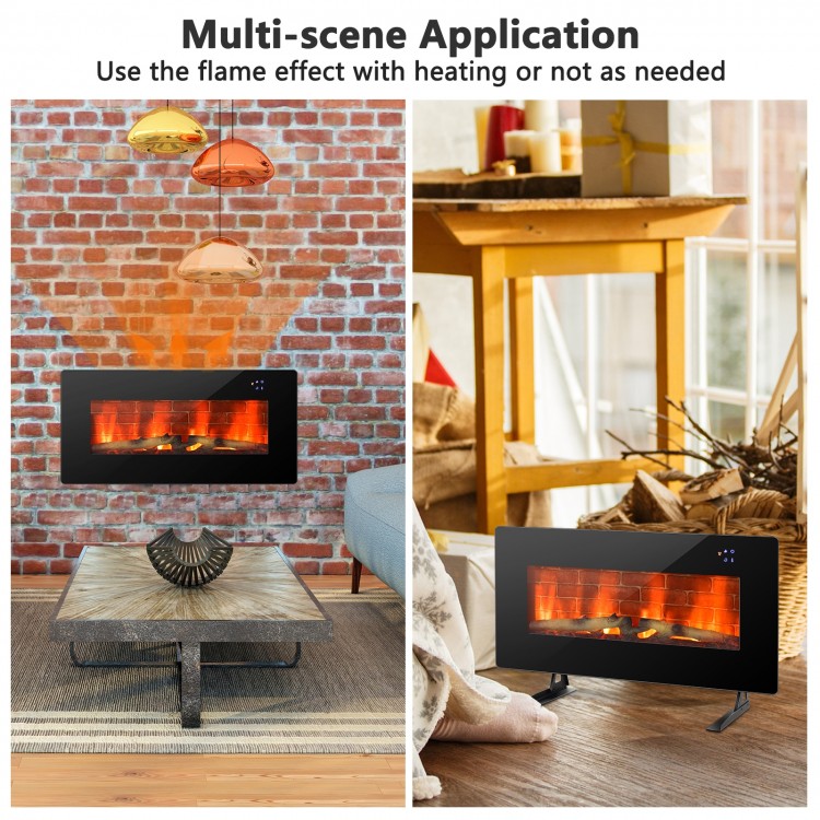 Electric wall-mounted fireplace with realistic flame effect, remote control, and energy-saving features for cozy warmth.