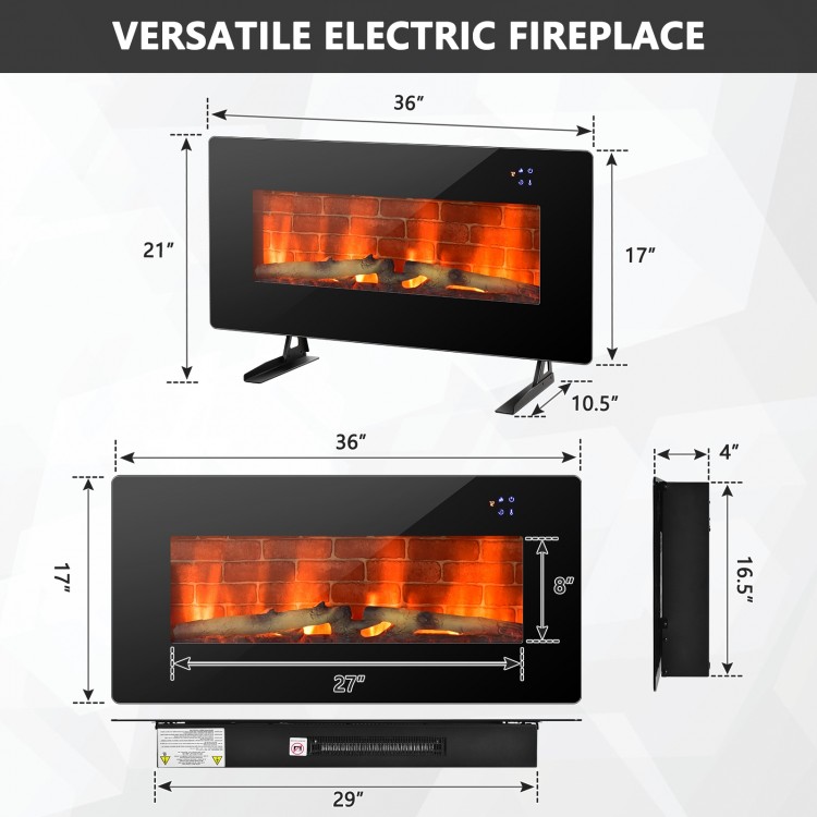 36-inch black electric fireplace with realistic flame, remote control, and wall-mounted design for cozy home ambiance.