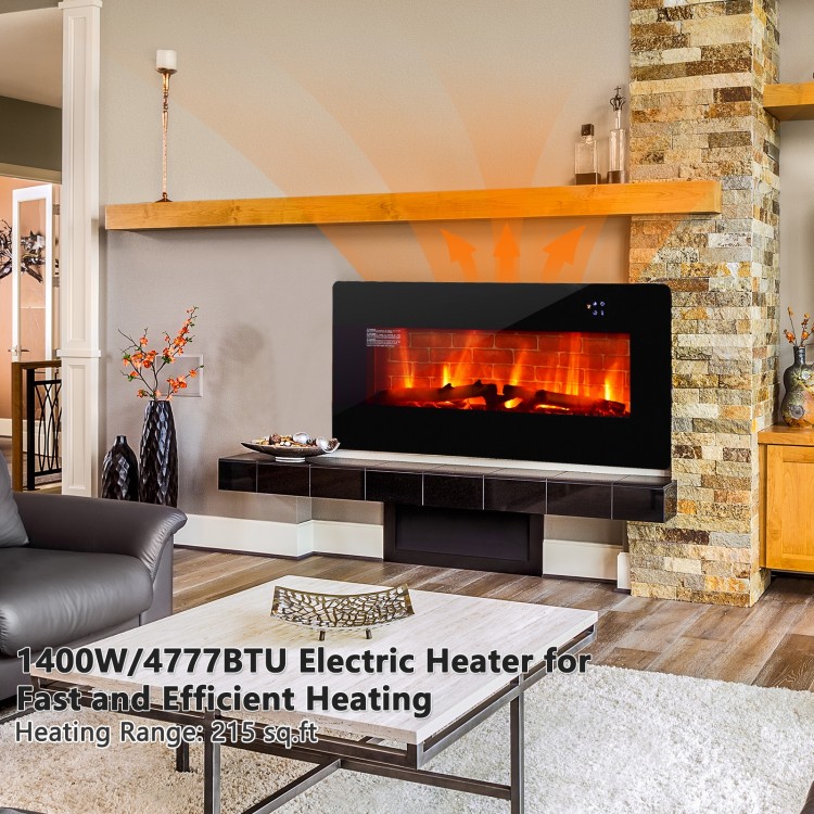 36-inch black electric fireplace with realistic flame, remote control, and overheat protection for cozy home warmth.