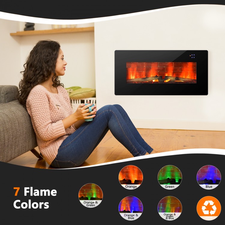 Electric wall-mounted fireplace with realistic flames, 7 color options, remote control, and safety features for cozy.