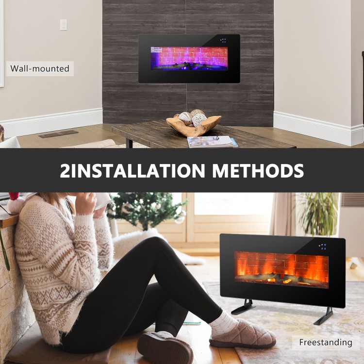 36-inch electric fireplace in black, showcasing wall-mounted and freestanding installation options for versatile use.