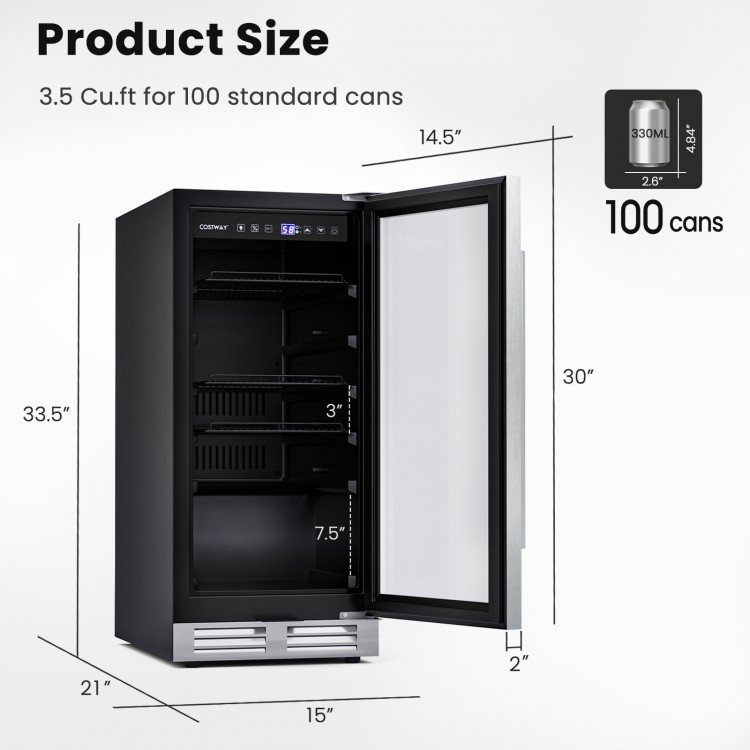 15-inch beverage cooler with adjustable shelves, holding 100 cans, featuring a double tempered glass door and blue LED.