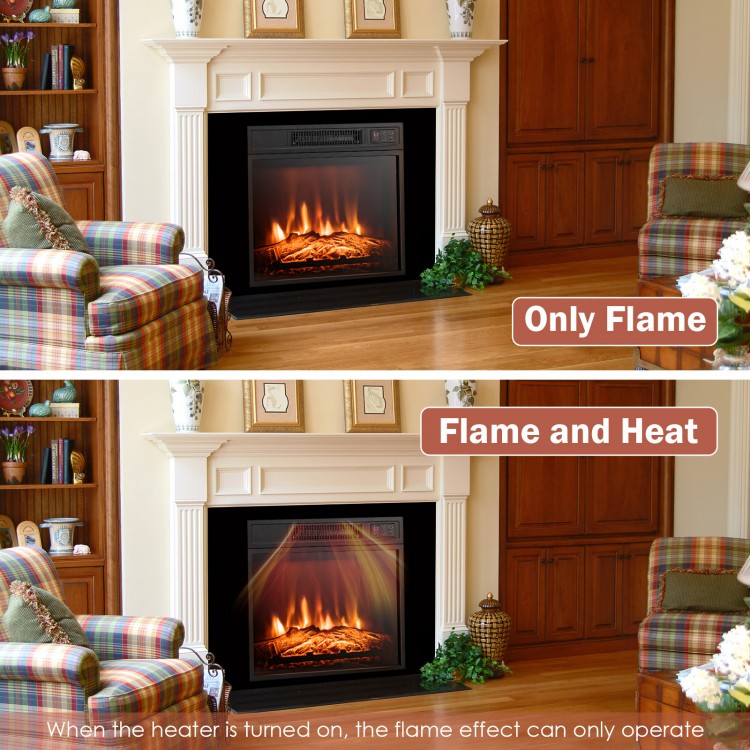 18-inch electric fireplace insert with adjustable LED flame, showcasing flame effects with and without heat for.