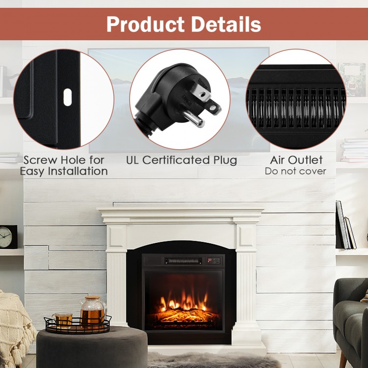 Electric fireplace insert with adjustable LED flame, UL-certified plug, and remote control for convenient heating.