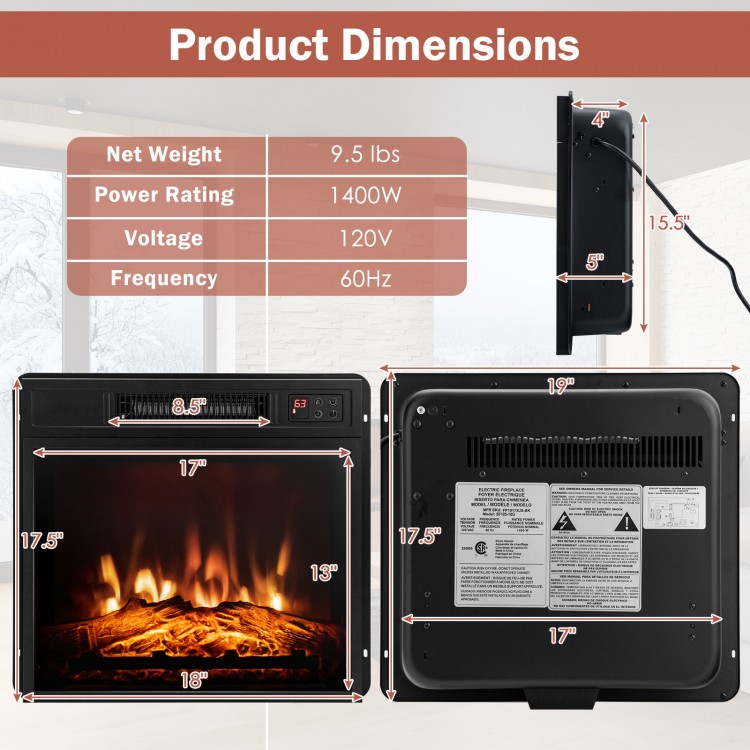 Product dimensions of the 18-inch electric fireplace insert, showcasing adjustable LED flame effects and touch controls.