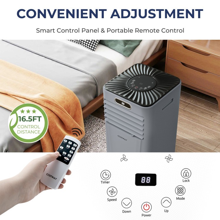 Portable air conditioner with remote control, 10000 BTU cooling capacity, ideal for bedrooms and small apartments.