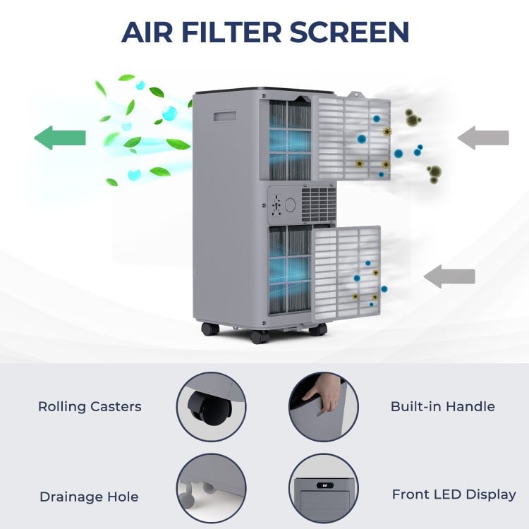 Portable air conditioner with remote control, 10000 BTU cooling capacity, and built-in handle for easy mobility.