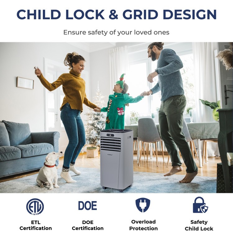 Portable air conditioner in gray with remote control, featuring 10000 BTU cooling capacity for efficient temperature.